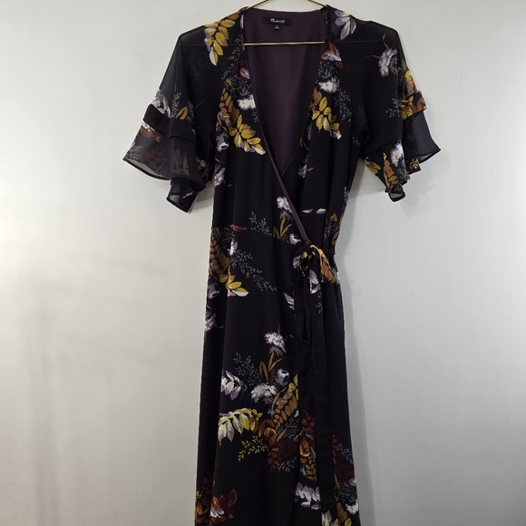 Madewell Vervain Wrap Dress Short Ruffle Sleeve Maxi Blooming Oasis Size XS HTF - Picture 3 of 12